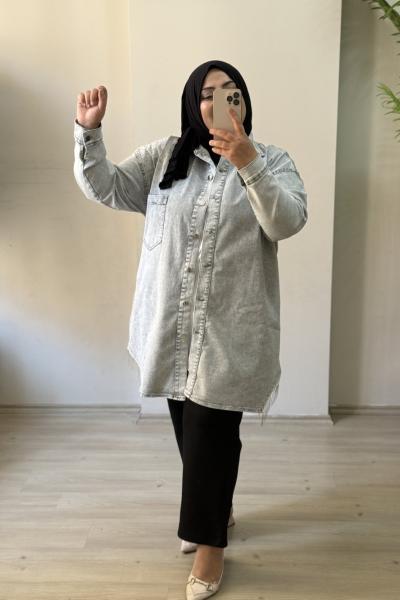 Büyük  Beden Kot Çeket Gri Gri