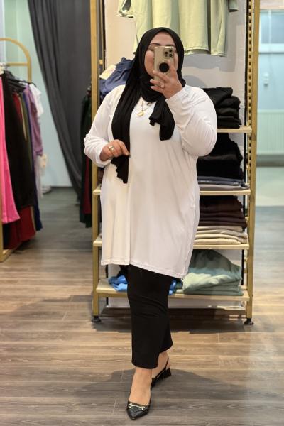 Büyük Beden Penye Tunik Beyaz Beyaz