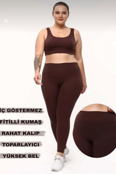Büyük Beden Likralı Fitilli Yazlık Tayt Kahverengi Kahverengi
