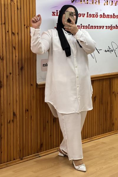 Büyük Beden Keten İkili Takım Beyaz Beyaz