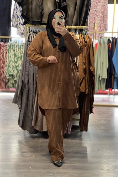 Büyük Beden Çizgili İkili Takım Koyu Kahverengi Koyu Kahverengi