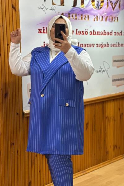 Büyük Beden Yelekli İkili Takım Mavi Çizgili mavi beyaz