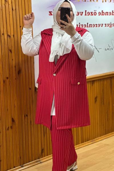 Büyük Beden Yelekli İkili Takım Kırmızı Çizgili Kırmızı