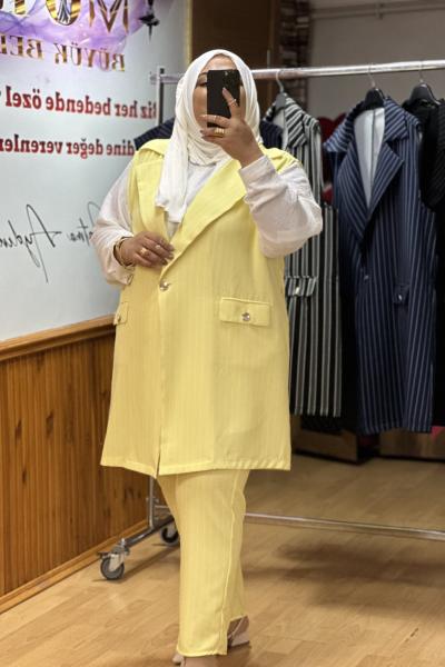 Büyük Beden Yelekli İkili Takım Sarı Çizgili Sarı