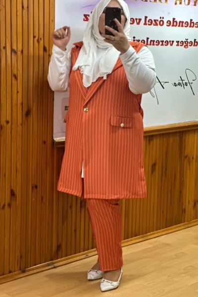 Büyük Beden Yelekli İkili Takım Turuncu Çizgili turuncu beyaz