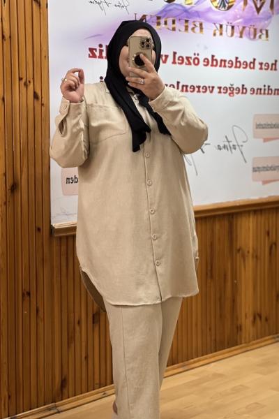 Büyük Beden Çift Cepli Krem Keten Gömlek Krem