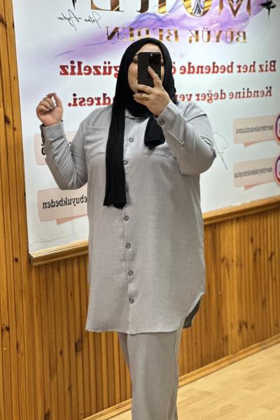 Büyük Beden Gri Keten Pantolon Gri