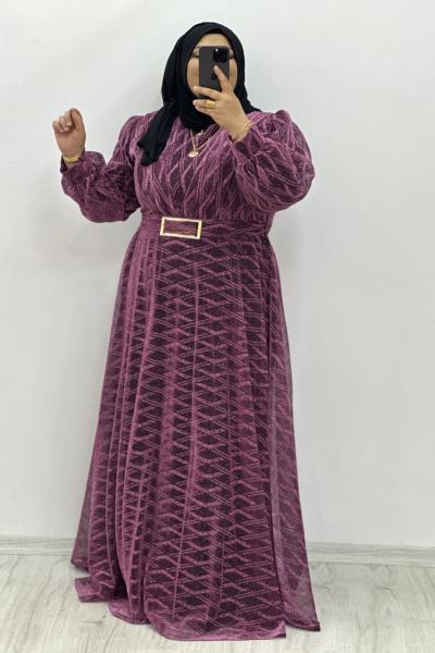 Büyük Beden Abiye Mor Üzeri Tül Detaylı Mor