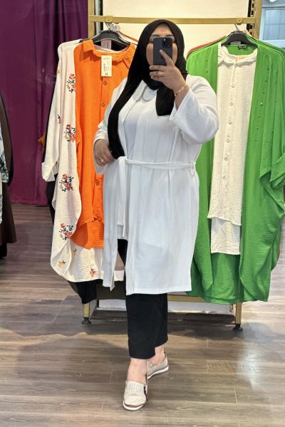 Büyük Beden Bürümcük İpli Kimono Beyaz Beyaz