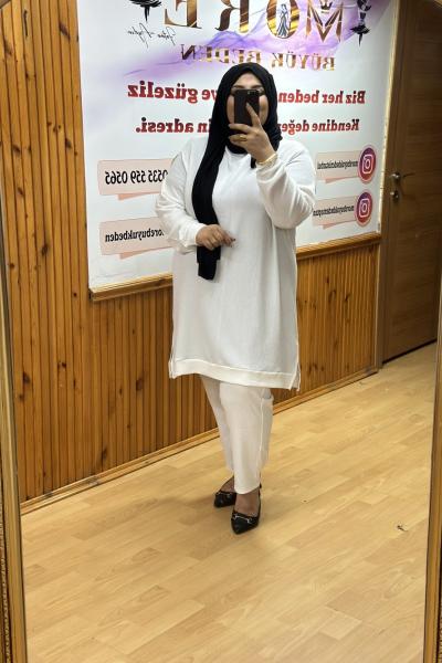 Büyük Beden Bürümcük İkili Takım Beyaz Beyaz