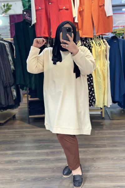 Büyük Beden Sweatshirt İki İplik Bej Renk Bej