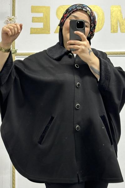 Büyük Beden Panço Düğmeli Siyah Renk SIYAHH