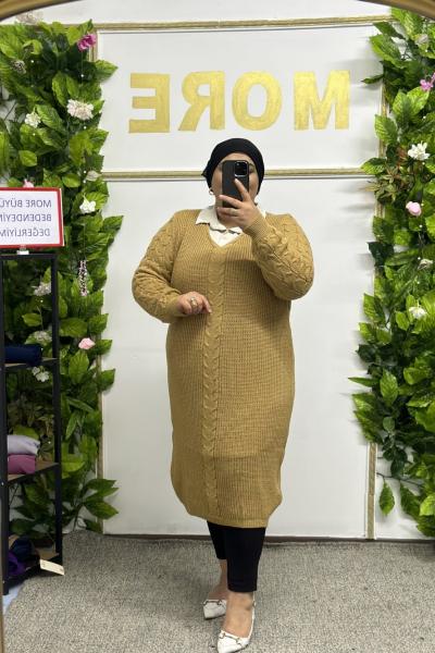 Büyük Beden Triko Örme Kazak Camel Camel