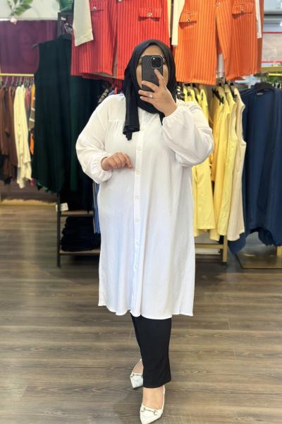 Büyük Beden Gömlek Pileli Bürümcük Beyaz Beyaz