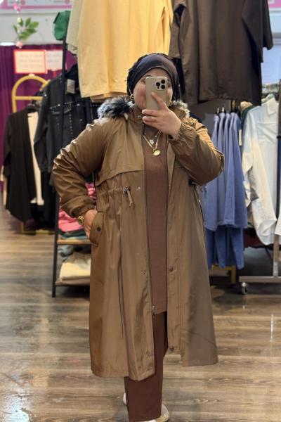 Büyük Beden Mont Kapşonlu Kahve Kahverengi