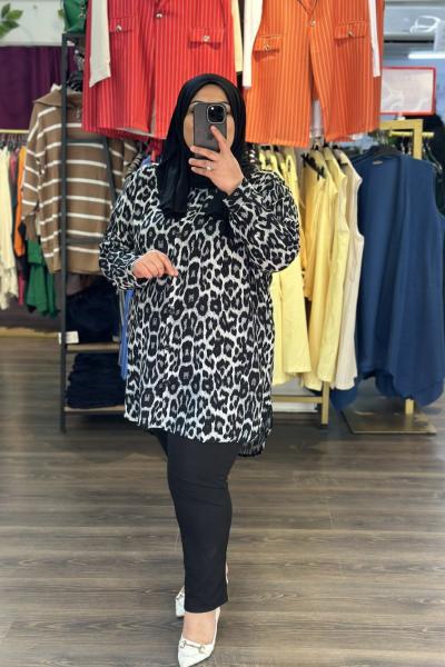 Büyük Beden Viskon Leopar Siyah Gri Gömlek