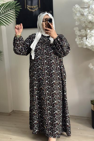 Büyük Beden Elbise Küçük Desenli Siyah Siyah
