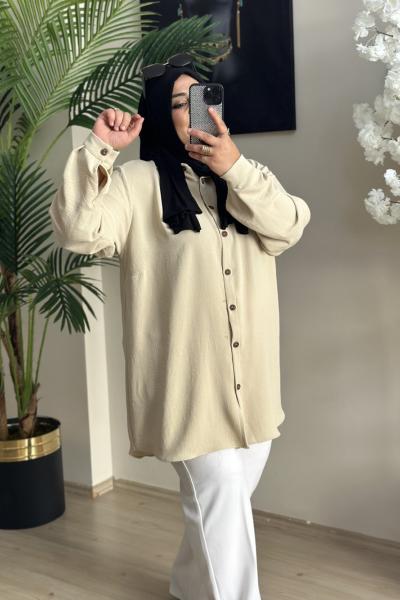 Büyük Beden Aerobin Gömlek Krem Krem