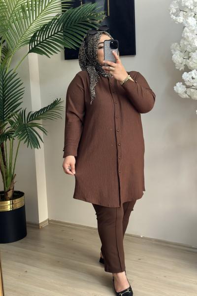 Büyük Beden Gömlek Kol Detaylı Bürümcük Kumaş Kahverengi Kahverengi