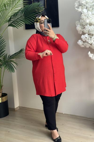 Büyük Beden Gömlek Kol Detaylı Bürümcük Kumaş Kırmızı Kırmızı