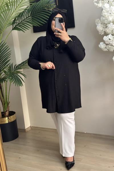 Büyük Beden Gömlek  Kol Detaylı Bürümcük Kumaş  Siyah Siyah