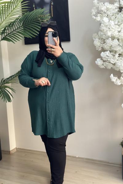 Büyük Beden Gömlek Kol Detaylı Bürümcük Kumaş  Yeşil Yeşil