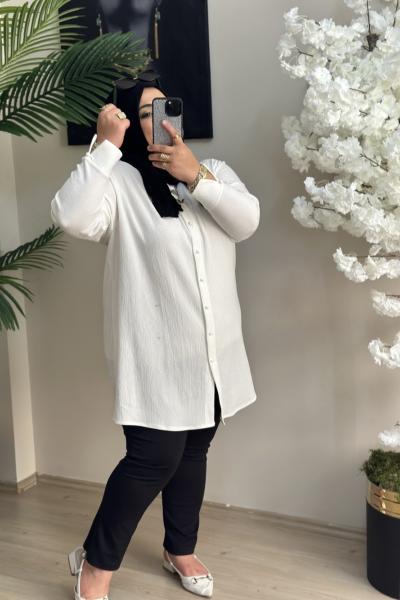 Büyük Beden Gömlek Kol Detaylı Bürümcük Kumaş Beyaz Beyaz