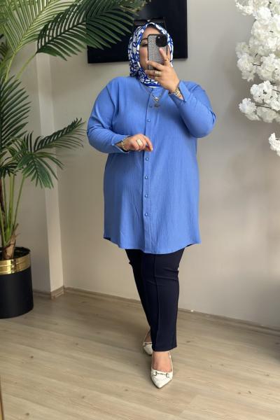 Büyük Beden Gömlek Kol Detaylı Bürümcük Kumaş Mavi Bebe Mavisi