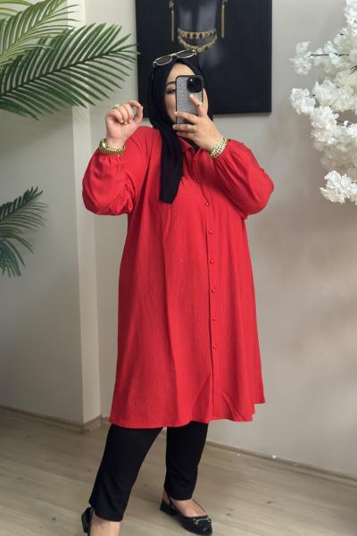 Büyük Beden Gömlek Pileli Bürümcük Kırmızı Kırmızı