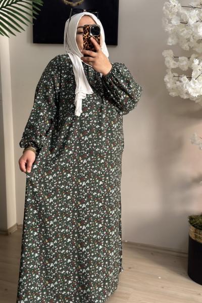 Büyük Beden Elbise Küçük Desenli Yeşil YEŞİLL