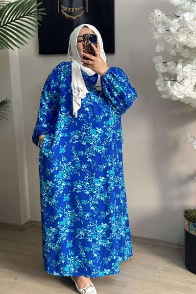 Büyük Beden Elbise Desenli Model Mavi