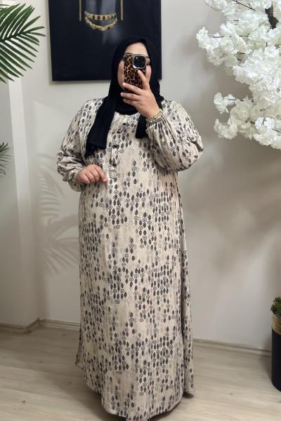 Büyük Beden Viskon Kumaş Elbise siyah krem