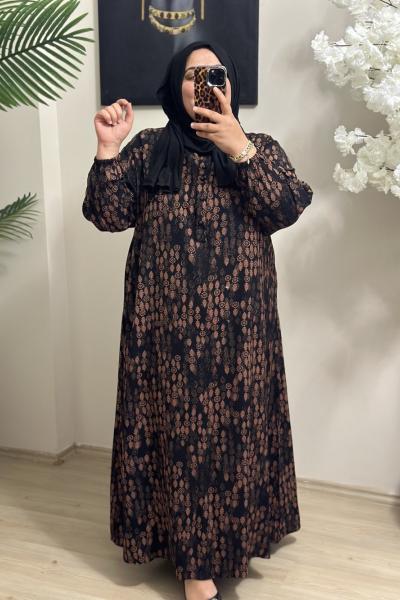 Büyük Beden Viskon Kumaş Elbise siyah kahverengi