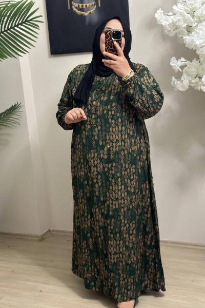 Büyük Beden Viskon Kumaş Elbise yeşil kahverengi