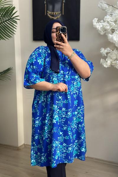 Büyük Beden Kısa Kol Tunik  Mavi