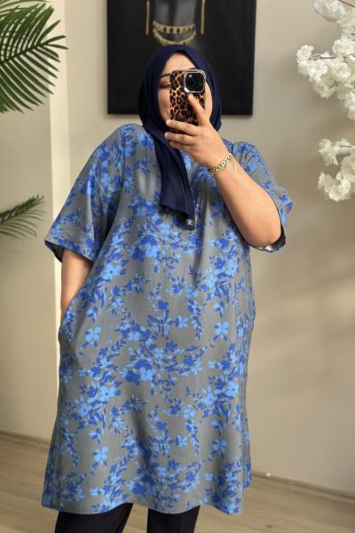 Büyük Beden Kısa Kol Tunik  Saks Gri