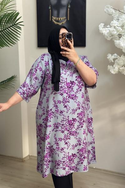 Büyük Beden Kısa Kol Tunik  Gri Pembe