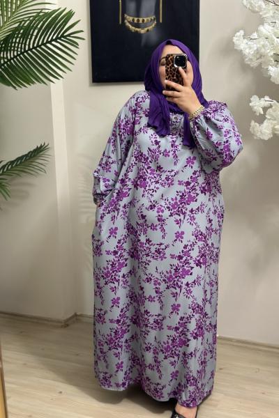 Büyük Beden Elbise Desenli Model Gri Lila Gri Lila
