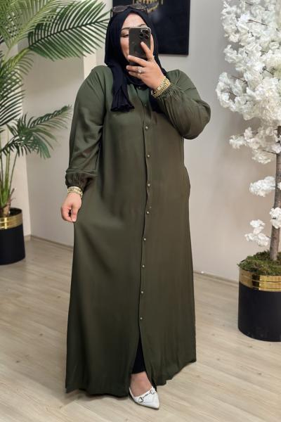 Büyük Beden Elbise Boydan Düğmeli Yeşil YEŞİLL
