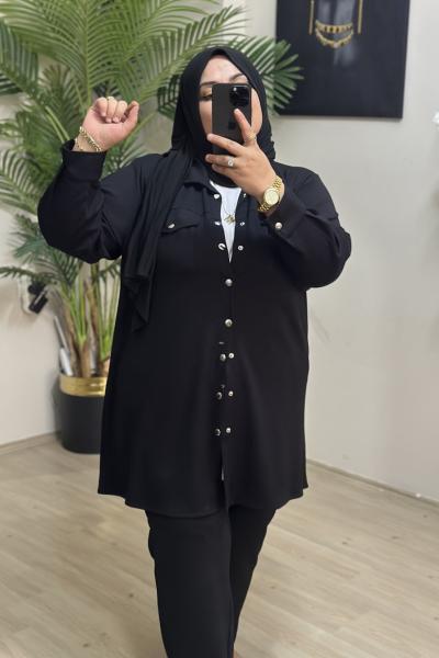 Büyük Beden Oysho kumaş Çıtlı Gömlek Siyah Siyah