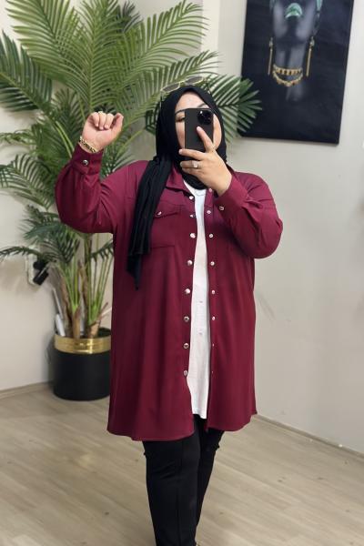 Büyük Beden Oysho kumaş Çıtlı Gömlek Bordo Bordo