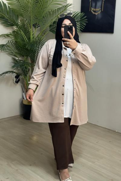 Büyük Beden Oysho kumaş Çıtlı Gömlek Krem Krem