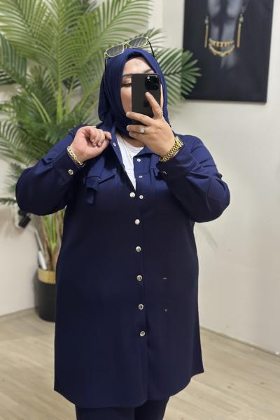 Büyük Beden Oysho kumaş Çıtlı Gömlek Lacivert Lacivert