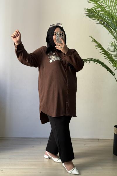 Büyük Beden Gömlek Bürümcük Kumaş Taş İşlemeli Kahve Acı Kahve