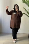Büyük Beden Gömlek Bürümcük Kumaş Taş İşlemeli Kahve Acı Kahve