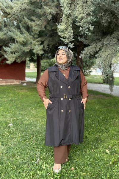 Büyük Beden Trençkot Sıfır Kol Astarlı Kemerli Siyah Siyah