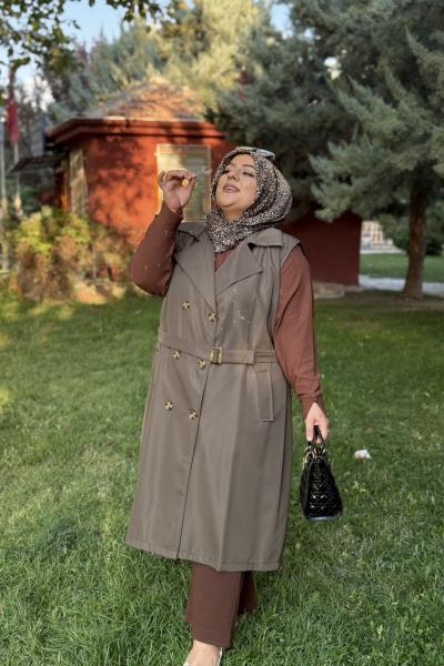 Büyük Beden Trençkot Sıfır Kol Astarlı Kemerli Yeşil Yeşil