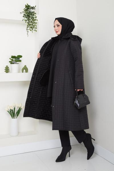 Büyük Beden Kaşe Kaban  Siyah