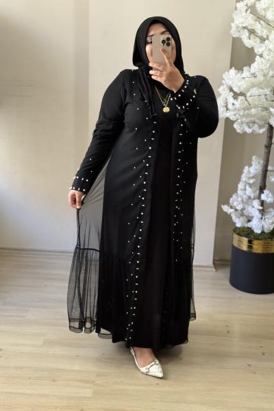 Büyük Beden Abiye Tül Detaylı Siyah