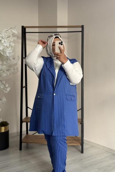 Büyük Beden Yelek Takım Mavi Çizgili mavi beyaz